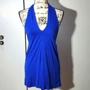 Womens Deep Plunge Vneck Royal blue Open Back  Halter Top Stretchy Sz.Medium